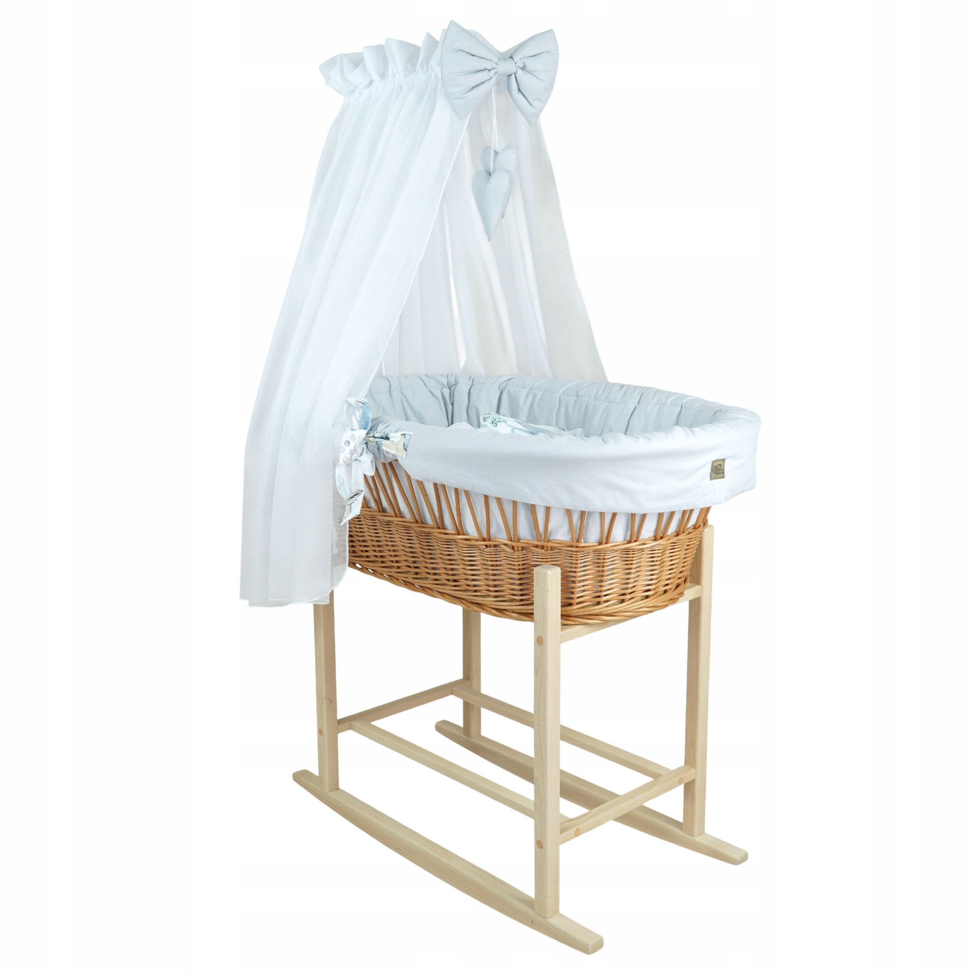 Wiklinowy kosz Mojżesza Oliwia naturalny z kołyską i pościelą szarą jeżyk