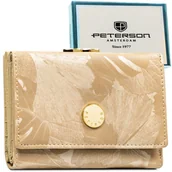 Portfele - Portfel damski beżowy skórzany PETERSON mały poziomy na zatrzask i bigiel rozbudowany na karty skóra naturalna i ekologiczna modny wzór roślinny och.. - miniaturka - grafika 1