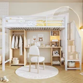 Łóżka dla dzieci i młodzieży - Łóżko piętrowe 90 x 200 cm z biurkiem, szafą i półkami - Metal + MDF - dla dzieci - Białe (Materac nie jest wliczony w cenę) - miniaturka - grafika 1