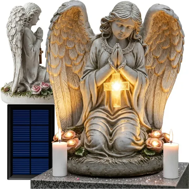 Anioł aniołek solarny na grób święto zmarłych podświetlany lampa led znicz