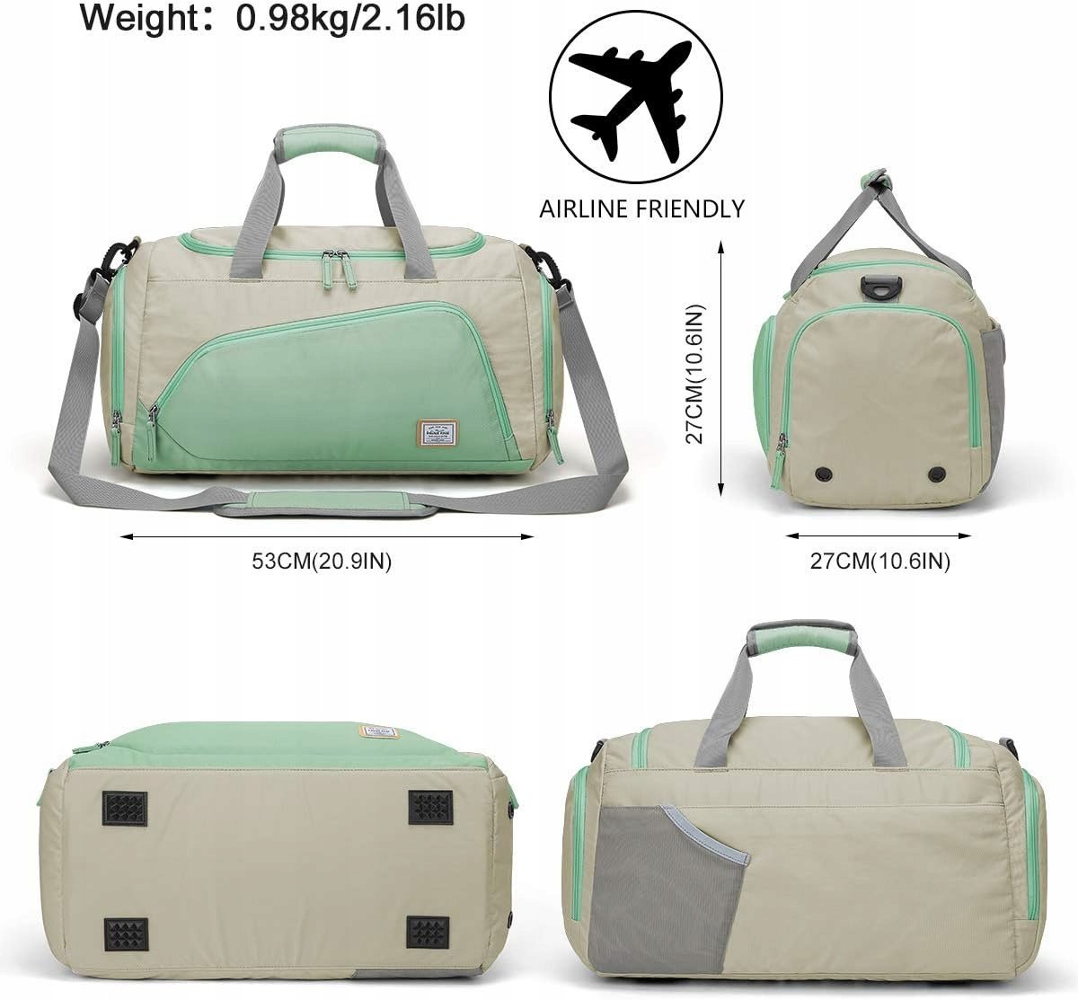 Kobieca Sportowa Torba 35 L Fitness Zielona, 53X27X27CM, Cyan-35L