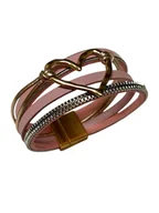 Bransoletki - Wielowarstwowa skórzana bransoletka z sercem w stylu boho różowy - miniaturka - grafika 1