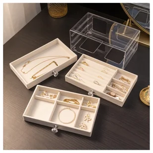 Szkatułka na biżuterię, kuferek transparentny welurowy krem Diamonds 3 szuflady PD152K - Pudełka i szkatułki - miniaturka - grafika 5