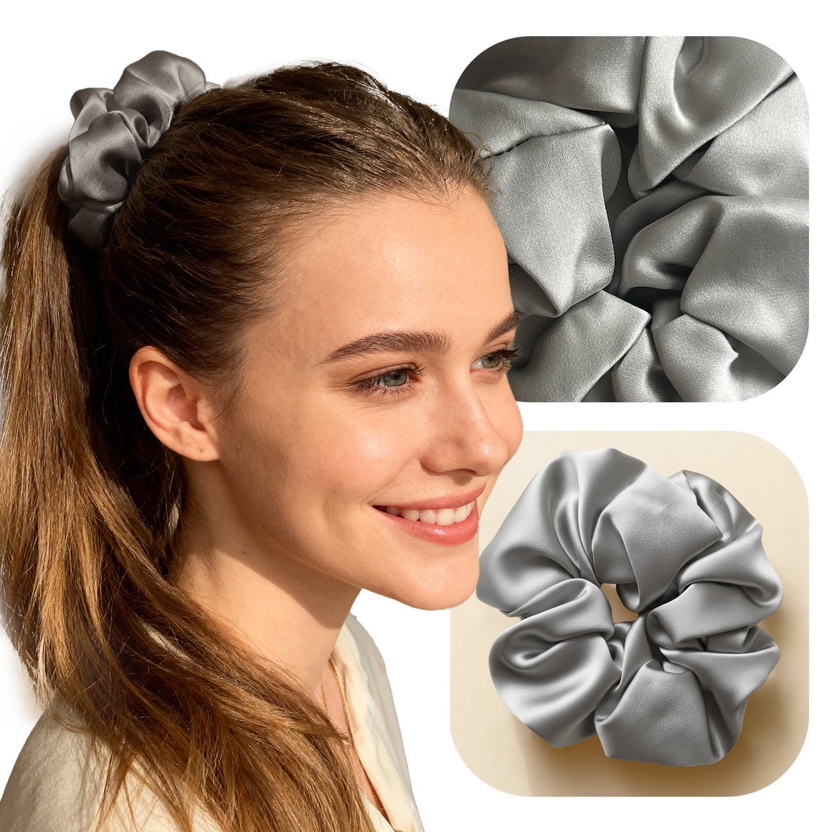 GUMKA SCRUNCHIE DO WŁOSÓW 100% JEDWAB NATURALNY MORWOWY SZARA 16MOMME 5CM