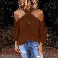 Bluzki damskie - Bluzka damska cold shoulder - Brązowy - miniaturka - grafika 1