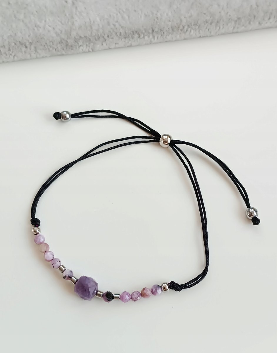 LUKSUSOWA CZARNO FIOLETOWA BRANSOLETKA REGULOWANA CZAROIT LEPIDOLIT STAL