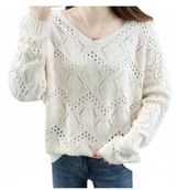 Swetry damskie - Sweter Damski Ażurowy Biały - miniaturka - grafika 1