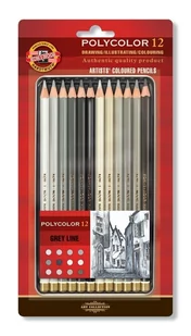 Koh-I-Noor Kredki Polycolor 12 odcieni szarości w metalowej kasecie - Kredki, ołówki, pastele i pisaki - miniaturka - grafika 1