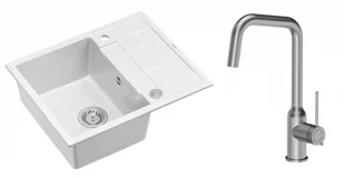 Quadron Unique Zlewozmywak granitowy jednokomorowy 62*50*22 cm z ociekaczem MORGAN 116 SNOW WHITE z syfonem Push-2-Open w kolorze stalowym z baterią NATALIE Q LINE kolor stal szczotkowana - Zlewozmywaki z baterią - miniaturka - grafika 1