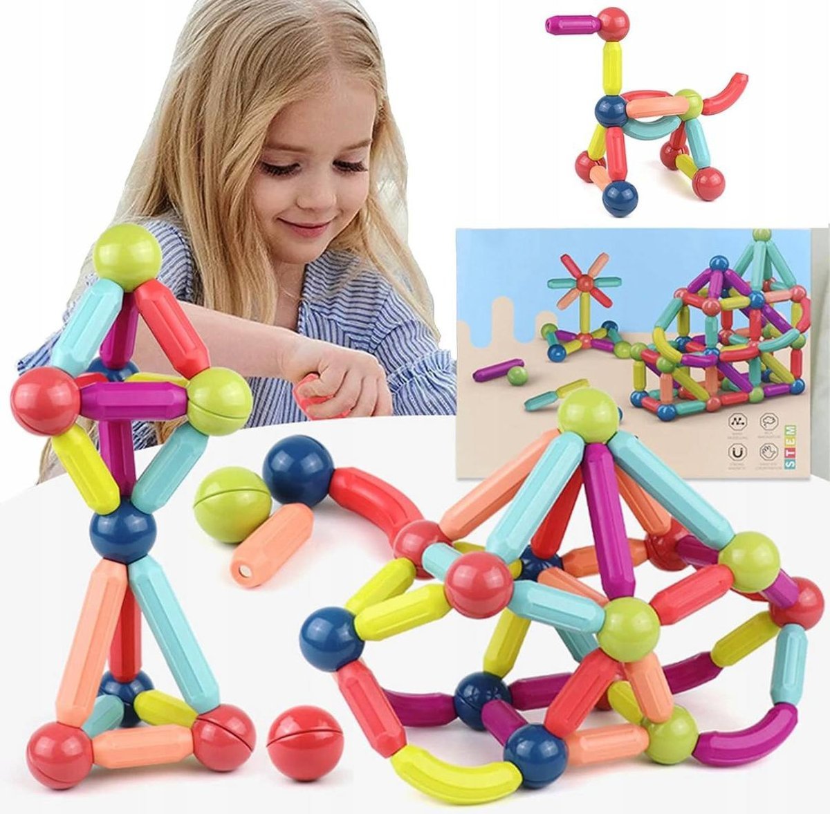 Magnetyczne KLOCKI TĘCZOWE Klocki educational blocks MAGNETIK Sticks 64 pcs