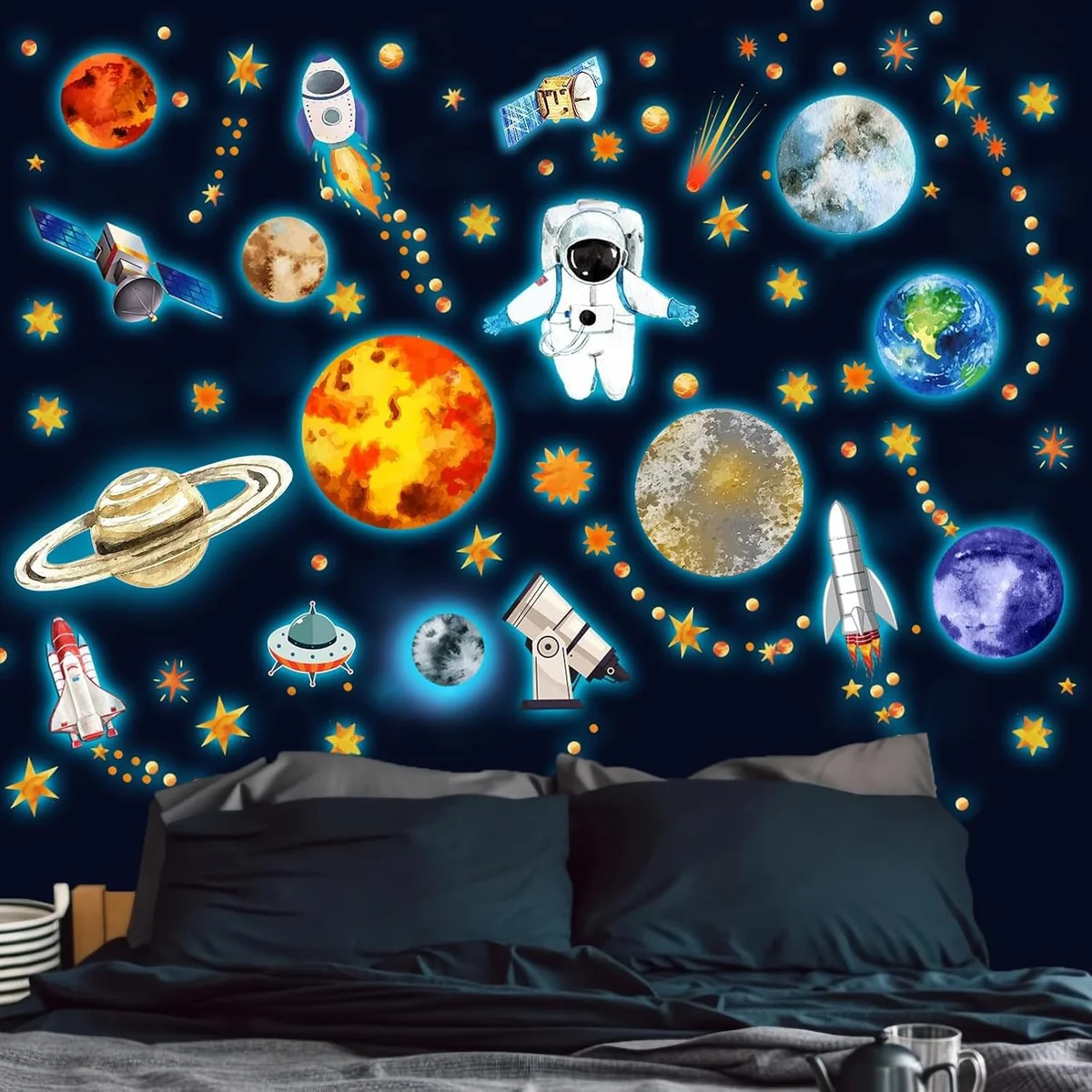 NAKLEJKI ŚCIENNE 3 ARKUSZE ŚWIECĄCE GWIAZDY PLANETY KOSMOS DEKORACYJNE
