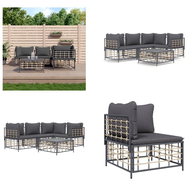 vidaXL 5-częściowy zestaw wypoczynkowy do ogrodu z poduszkami antracytowy rattan - Zestaw wypoczynkowy do ogrodu - Zestawy wypoczynkowe do ogrodu - Zestaw wypoczynkowy - Meble ogrodowe