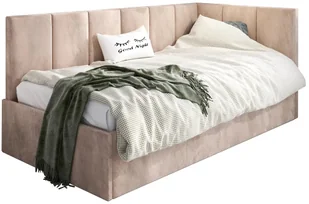 Łóżko młodzieżowe AURA 90x200 beżowe z tapicerowanym panelem L i pojemnikiem na pościel MKPOL - Łóżka dla dzieci i młodzieży - miniaturka - grafika 1