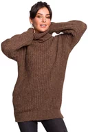 Swetry damskie - BK030 Długi sweter z golfem - karmelowy (kolor brąz, rozmiar L/XL) - miniaturka - grafika 1