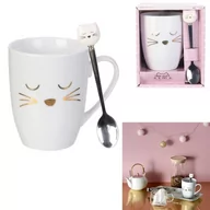 Dekoracje domu - Ceramiczny kubek z łyżeczką o pojemności 350ml osłodzi każde śniadanie. Kubek ze złotymi ozdobami imitującymi pyszczek kota w zestawie posiada metal.. - miniaturka - grafika 1