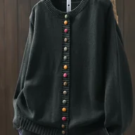 Swetry damskie - TEMU Sweter Kardigan Damski - Elegancki Czarny z Zapięciem na Guziki, Pranie w Praniu Maszynowym, Sweter na Jesień/Zimę do Codziennych i Formalnych - miniaturka - grafika 1