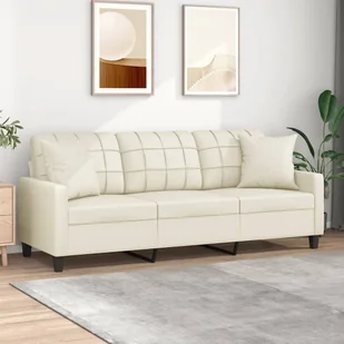 vidaXL 3-osobowa sofa z poduszkami, kremowa, 180 cm, sztuczna skóra - Sofy i kanapy - miniaturka - grafika 1