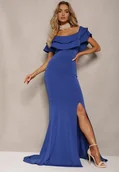 Sukienki - Niebieska Sukienka Wieczorowa o Fasonie Hiszpanki z Rozcięciami i Rozkloszowanym Dołem Ulcini - miniaturka - grafika 1
