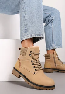 Ciemnobeżowe Płaskie Klasyczne Traperki ze Sznurowaniem Lobanne - Botki damskie - miniaturka - grafika 1