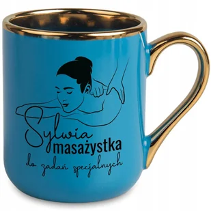 KUBEK 330 ML NIEBIESKI UCHO RANT ZŁOTY PREZENT DLA MASAŻYSTKI TWOJE IMIĘ - Kubki - miniaturka - grafika 1