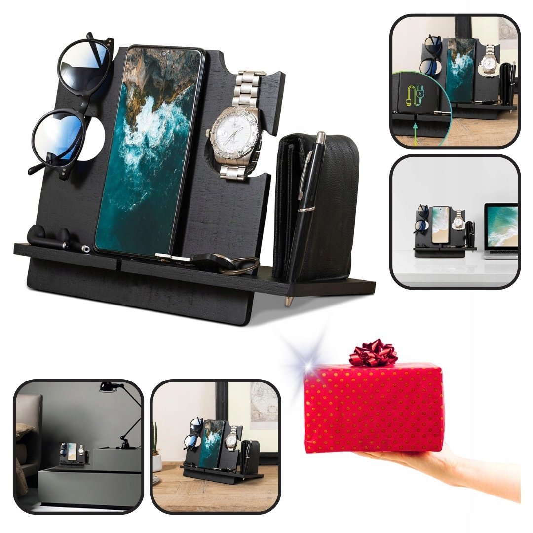 Drewniana stacja dokująca na telefon, stojak na portfel i zegarki Organizer