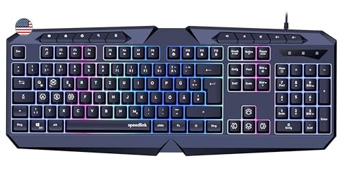 Speedlink LUDICIUM RGB Rainbow Gaming Keyboard - do gier RGB z kablem, układ US-Layout QWERTY, blokada klawisza Windows, przełącznik WASD, 10 klawiszy multimedialnych, przewodowa,czarna