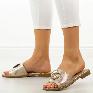 Złote płaskie klapki damskie S.Barski 51-007 - S.BARSKI - Klapki i japonki damskie - miniaturka - grafika 1