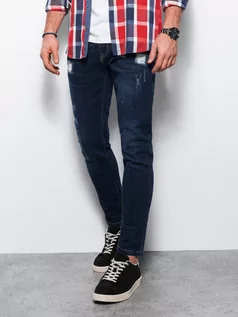 Spodnie męskie - Spodnie męskie jeansowe SKINNY FIT - ciemnoniebieskie P1060 - grafika 1