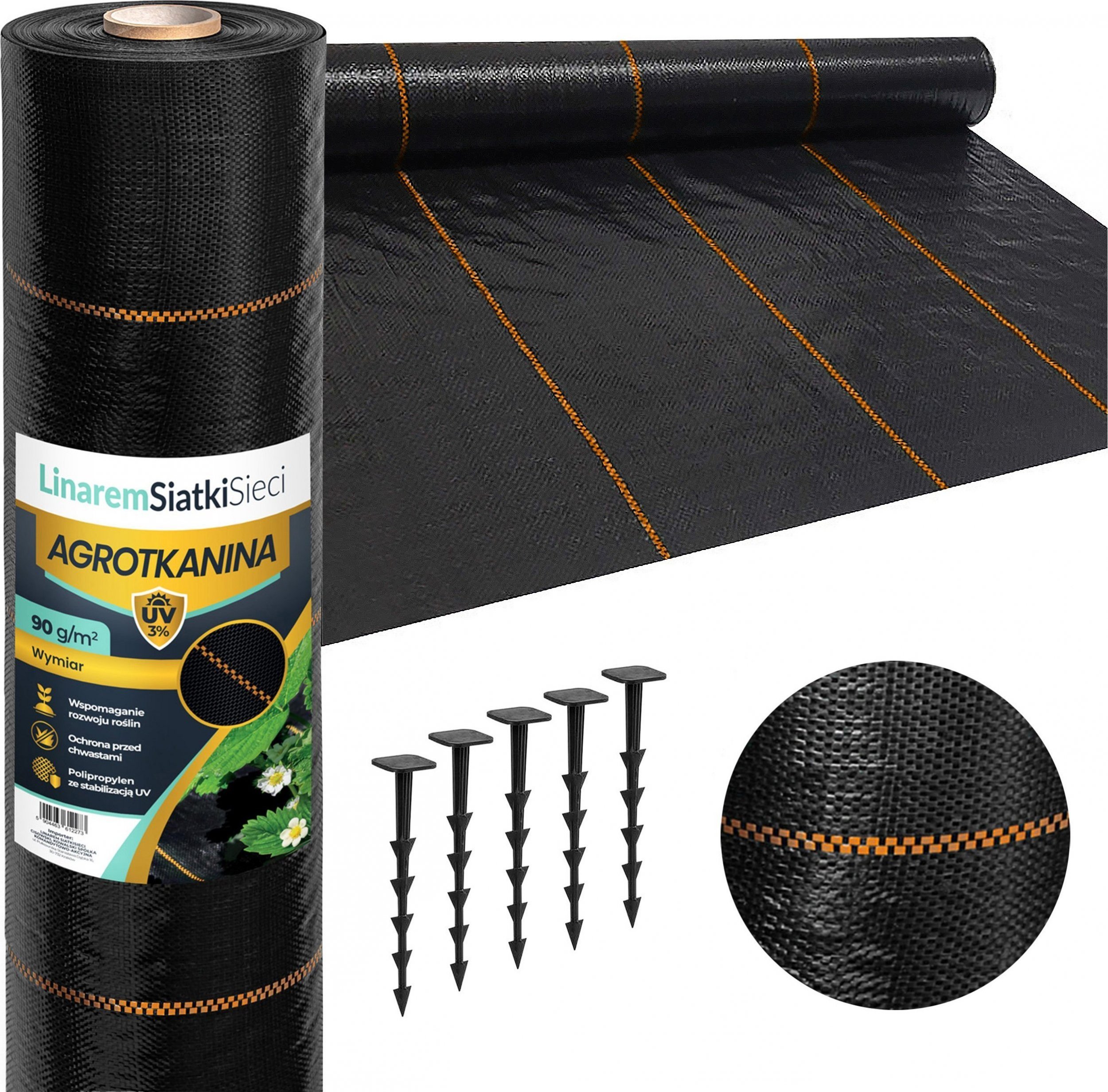 Linarem SiatkiSieci AGROTKANINA 90G 1,6x100m CZARNA AGROWŁÓKNINA UV 3% ANTYCHWASTOWA + KOŁKI