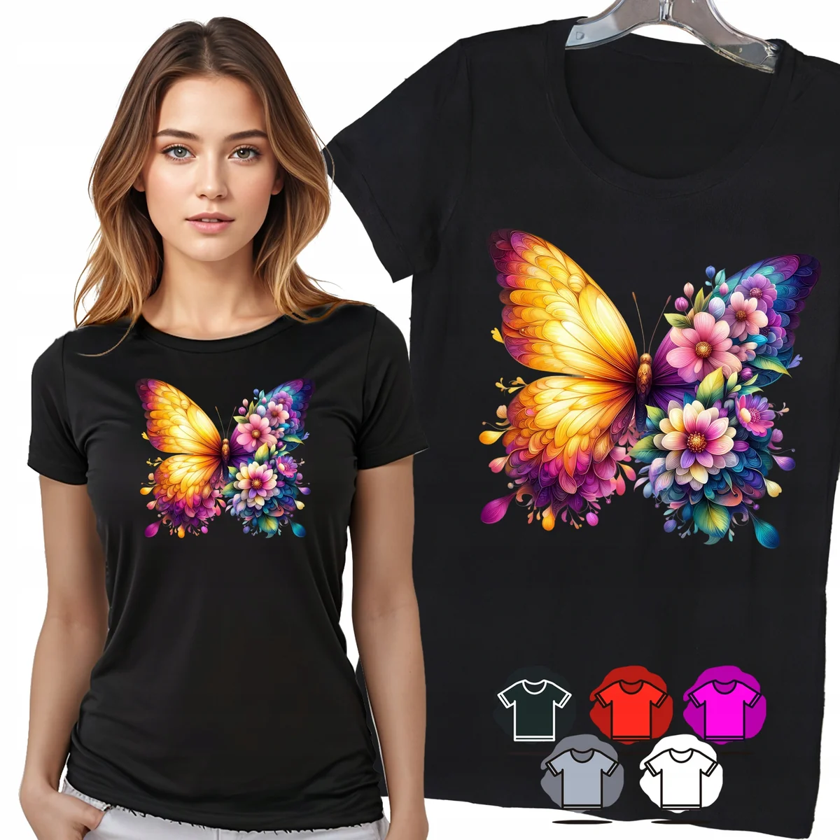KOSZULKA DAMSKA T-SHIRT - MOTYL ŻÓŁTY KWIATY KOLOROWY WZÓR DLA NIEJ - XXL