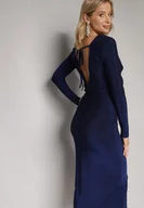 Sukienki - Granatowa Dopasowana Sukienka Midi z Metaliczną Nitką i Odkrytymi Plecami Niorve - miniaturka - grafika 1