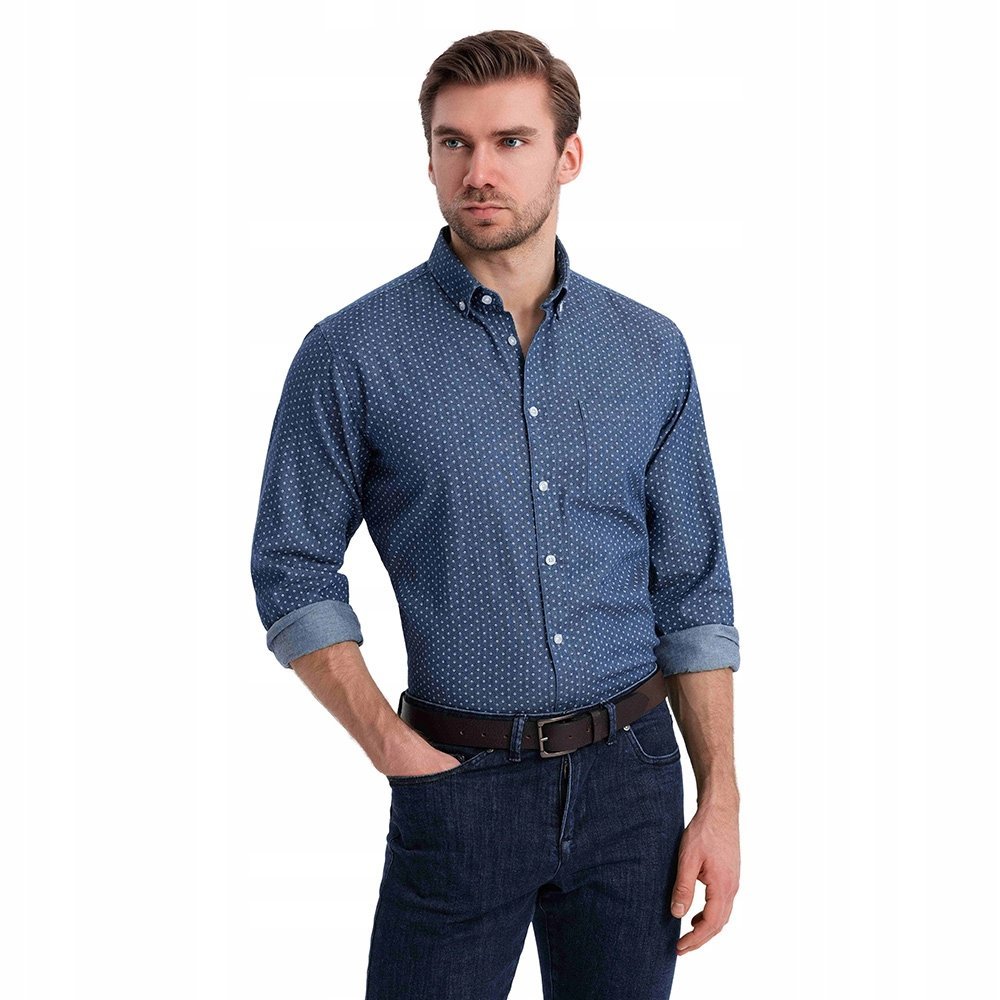 Wzorzysta męska koszula z cienkiego jeansu niebieska OM-SHDS-0179 V2 r. XXL