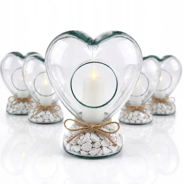 Znicz LED Serce Premium - szklany, białe kamyczki, elegancki 22 cm