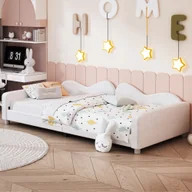 Łóżka dla dzieci i młodzieży - Łóżko tapicerowane Merax 90x200cm ze stelażem z listew, oparciem i podłokietnikami, pluszowe aksamitne łóżko dziecięce sofa łóżko pojedyncze łóżko młodzieżowe, białe - miniaturka - grafika 1