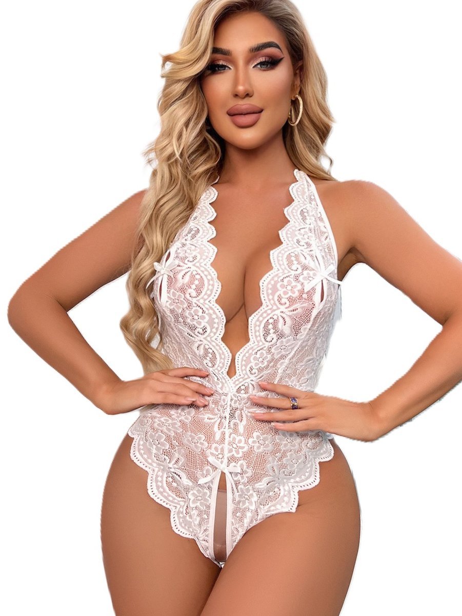 Kristen koronkowe body na ramiączkach z otwartym kroczem z sercem biały