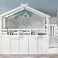 Łóżka dla dzieci i młodzieży - Łóżko piętrowe 90x200 cm - lite drewno - z 1 szafą、2 przedziałami i schodami do przechowywania - Biały - miniaturka - grafika 1