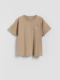 Reserved - T-shirt z nadrukiem i haftem - beżowy - Koszulki dla dziewczynek - miniaturka - grafika 1