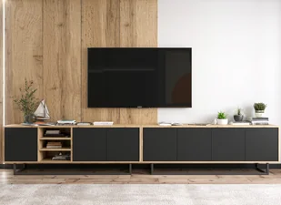 Szafka RTV Loft Industrialna Dąb wotan Czarny MAT zestaw 300 cm Półka RTV Metalowa rama - Szafki RTV - miniaturka - grafika 1