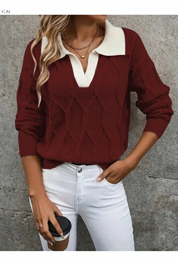 SWETER DAMSKI PLECIONY Z KOŁNIERZEM ELEGANCKI M 5IA