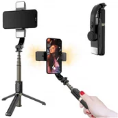 Selfie stick - Gimbal Selfie Stick Twin LED kijek do zdjęć tripod statyw pilot Bluetooth 79cm (Czarny) - miniaturka - grafika 1