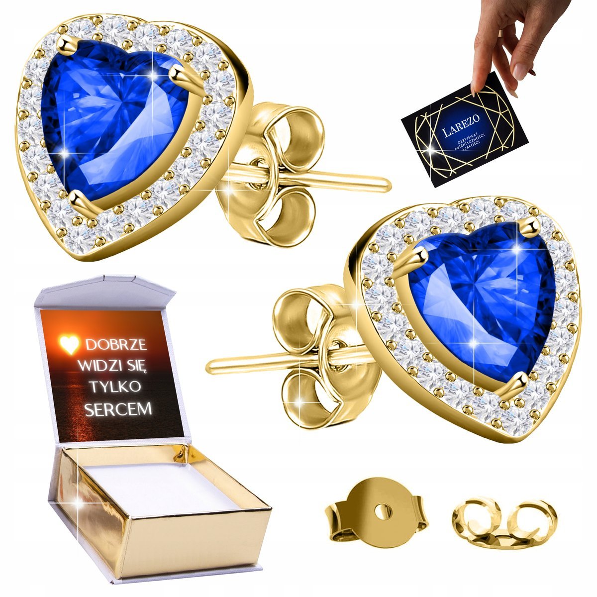Złote Kolczyki 925 Niebieskie Kryształki Serduszka Love z Cyrkoniami NADRUK