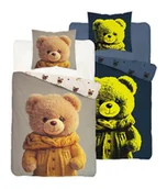 Pościel dla dzieci - Pościel dziecięca świecąca w ciemności 140x200 jasna z dużym misiem w żółtym sweterku – FluoDream - miniaturka - grafika 1