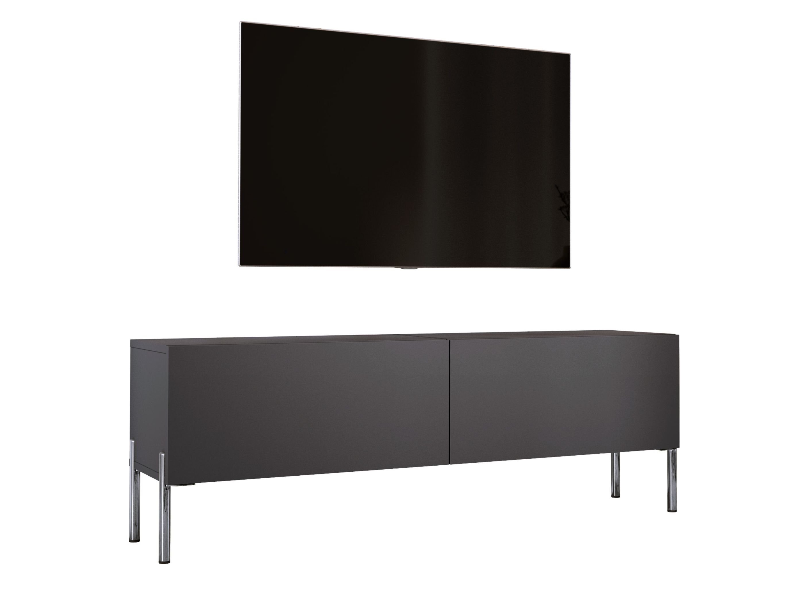 Szafka pod telewizor w kolorze antracytowym z chromowanymi nogami, A: szer: 140 cm cm, wys: 52 cm, gł: 32 cm. Meble pod telewizor, stolik pod telewizor, ława pod telewizor