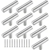 Zawiasy, okucia i inne akcesoria - Zestaw 10 srebrnych uchwytów w kształcie litery T do drzwiczek meblowych, szuflad szafek, ze stali nierdzewnej, ze śrubami. - miniaturka - grafika 1