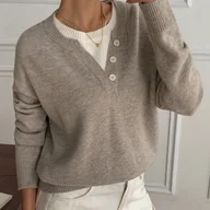 Swetry damskie - TEMU Elegancka Bluzka Damska z Okrągłym Dekoltem - Wiosenna/Jesienna Krótka Kurtka lub Bluzka do Warstwowania z Fałszywymi Guzikami, Pranie w Praniu - miniaturka - grafika 1