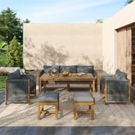 Meble ogrodowe - Zestaw mebli ogrodowych 6-częściowy, sofa 3-osobowa, fotele, pufy i stół jadalny z drewna akacjowego, rama z litego drewna, kolor szary - miniaturka - grafika 1