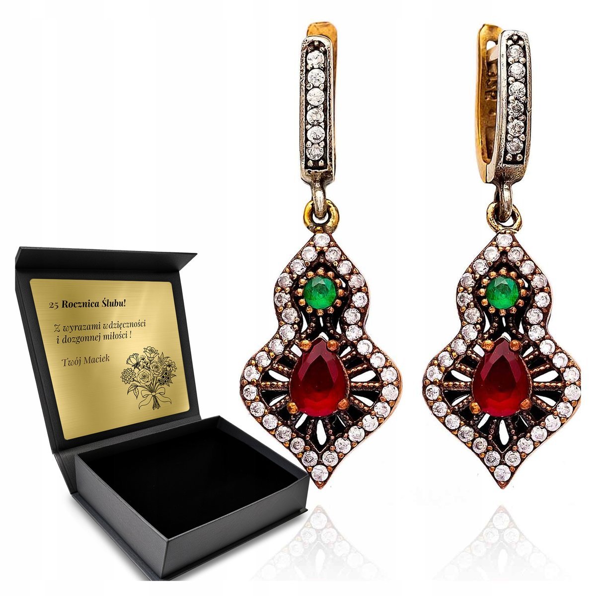 Kolczyki Srebrne 925 Cyrkonie Szmaragd Granat Biżuteria + Grawer