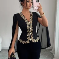 Koszule damskie - TEMU Bluzka Damska Elegancka Czarna - Koszula z Długim Rękawem i Złotym Akcentem, Dopasowany Krój na Jesień/Zimę, Stylowe Ubrania do Biura i - miniaturka - grafika 1