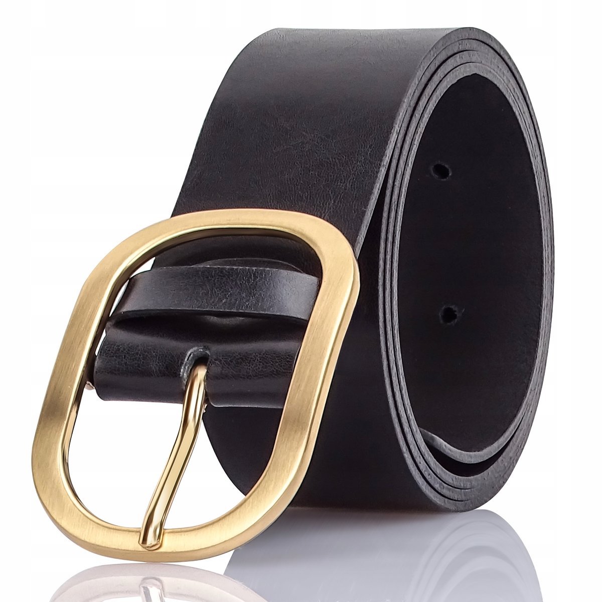 Pasek skórzany CZARNY szeroki GRACIO ZŁOTA Klamra