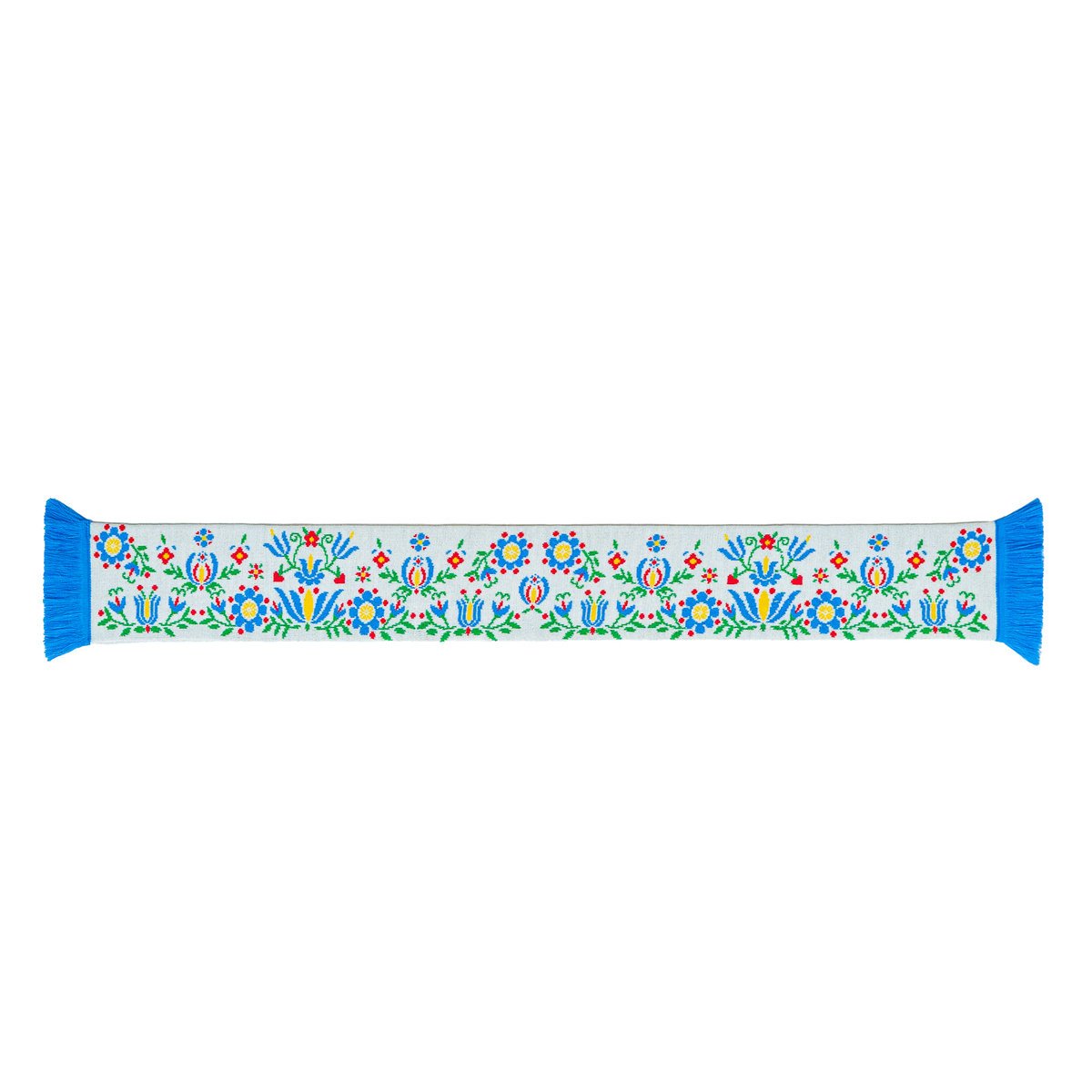 Szalik kaszubski, kwiatowy z niebieskimi frędzlami